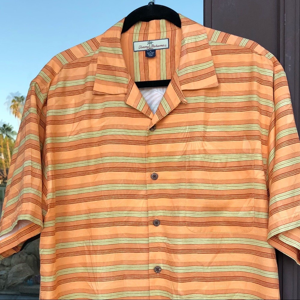 Tommy Bahama Orange Striped Jacquard Floral Silk Hawaiian Shirt M